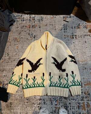 Vintage 1950s Mary Maxim Hand Knit Wool Cowichan Flying Duck Cardigan Sweater